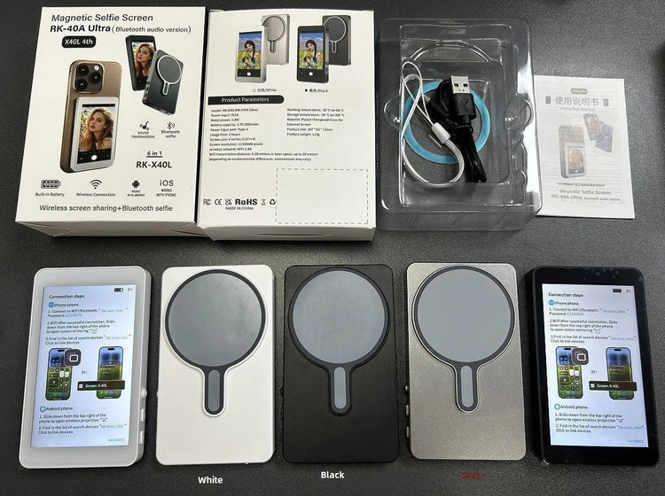 Magnetic Wireless Phone Selfie Screen Mirror 4-inch HD Display with Zoom Audio Adjustable Focus for Android iOS Devices Type-C Interface Magnetic Mount - Smartphone Top Shelf Find