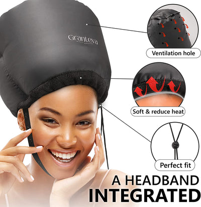 Hooded Hair Dryer W/A Headband Integrated That Reduces Heat around Ears & Neck - Hair Dryer Hooded Diffuser Cap for Curly, Speeds up Drying Time, Safety Deep Conditioning at Home - Portable, Large