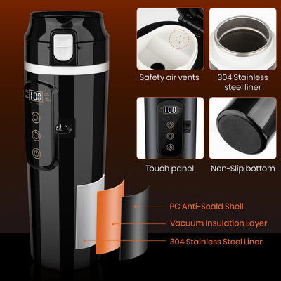 Electric Car Kettle 12V/24V Portable Mini Water Boiler Heated Travel Mug for Car, Smart Multiple Temperature Adjustable Coffee Tea Truck Cup (430 ML)