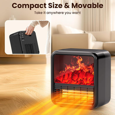 Small Portable Space Heater for Indoor Use with Realistic 3D Flame, Mini Electric Fireplace Heater with Thermostat, 1500W/750W PTC Ceramic Heating, Tip-Over Safety Switch, Black