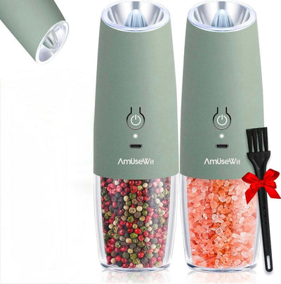 Gravity Electric Salt and Pepper Grinder Set [White Light] USB Rechargeable Automatic Pepper and Salt Mills,Adjustable Coarseness,One-Handed Operation,Sage