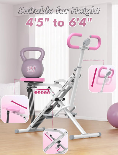 Pink Squat Machine for Home,Rodeo Core Exercise Machine,330Lbs Foldable,Adjustable 4 Resistance Bands,Ride & Rowing Machine for Botty Glutes Butt Thighs,Ab Back/Leg Press Hip Thrust…