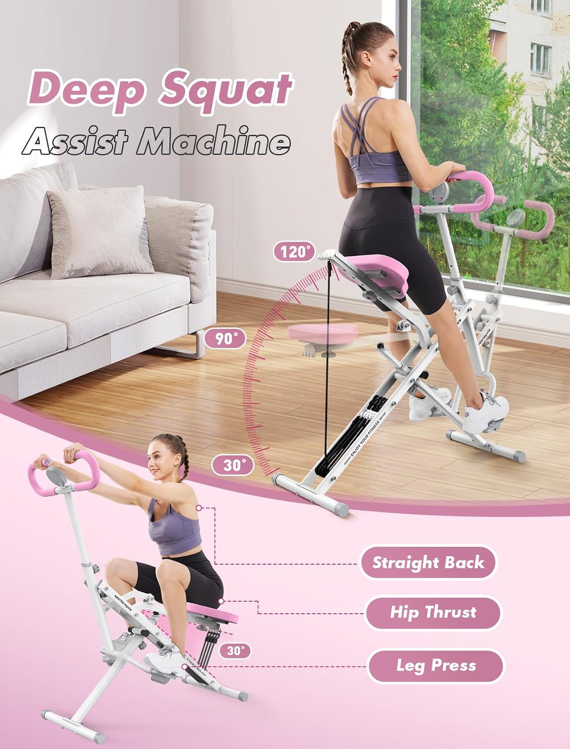 Pink Squat Machine for Home,Rodeo Core Exercise Machine,330Lbs Foldable,Adjustable 4 Resistance Bands,Ride & Rowing Machine for Botty Glutes Butt Thighs,Ab Back/Leg Press Hip Thrust…