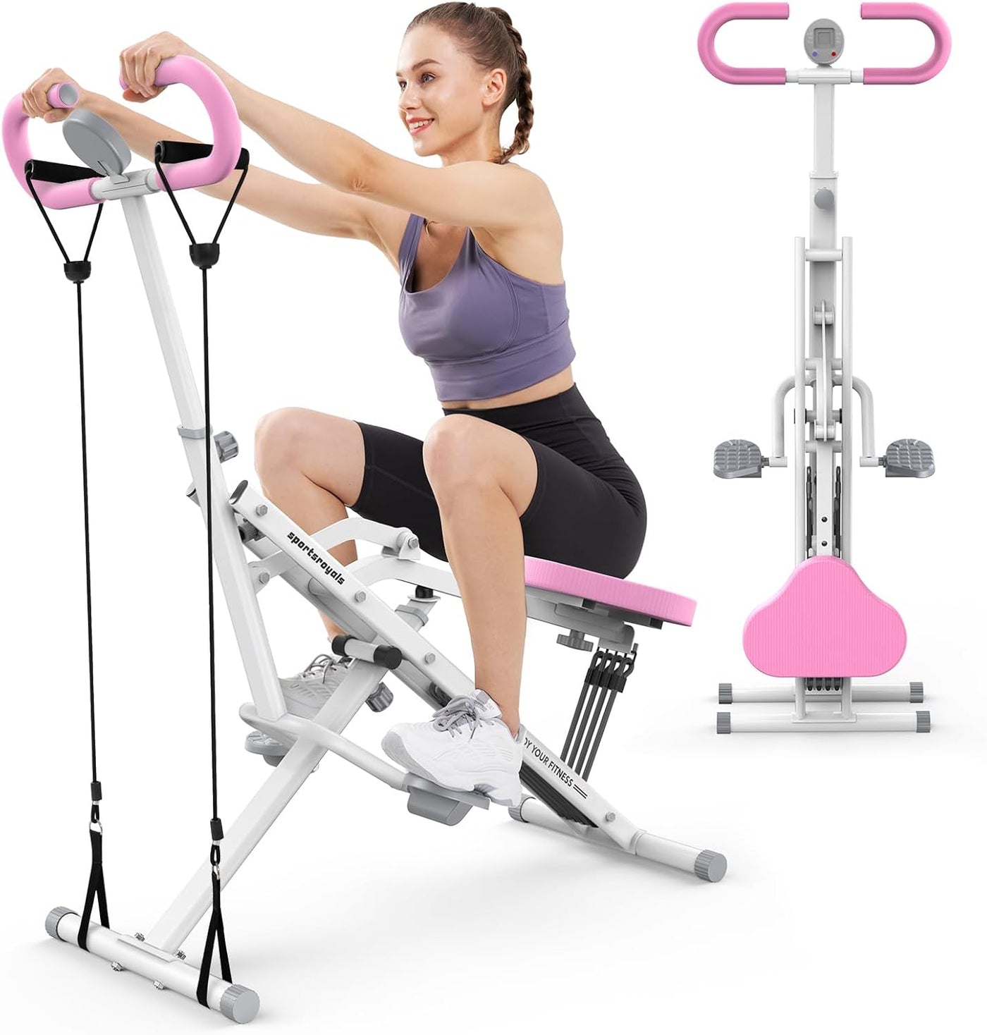 Pink Squat Machine for Home,Rodeo Core Exercise Machine,330Lbs Foldable,Adjustable 4 Resistance Bands,Ride & Rowing Machine for Botty Glutes Butt Thighs,Ab Back/Leg Press Hip Thrust…