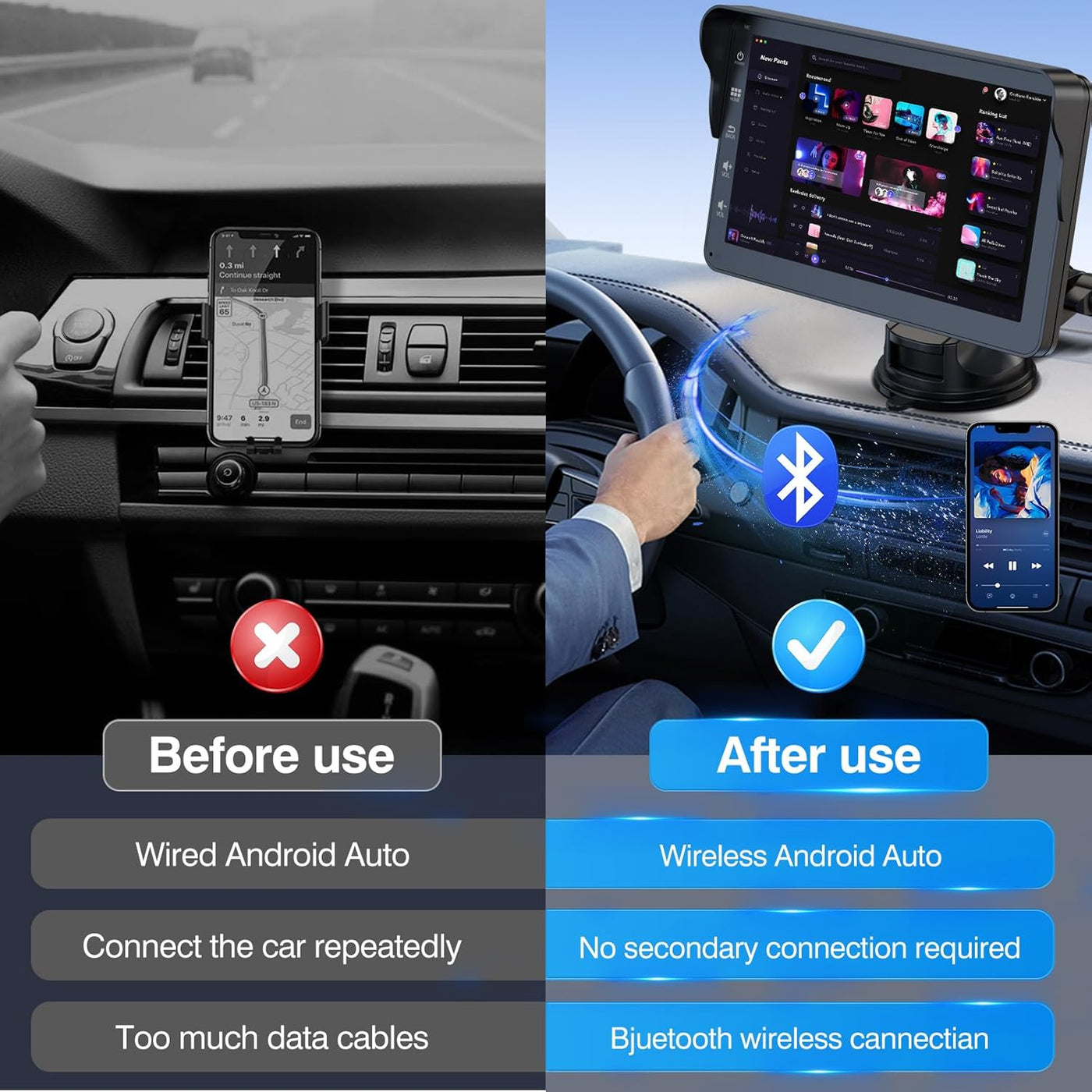 Portable Wireless Apple Carplay and Android Auto Car Stereo with Voice Control,7" Touch Screen Double Din Stereo with Bluetooth, Multimedia Player, Car Audio with Backup Camera Car Play for All Cars