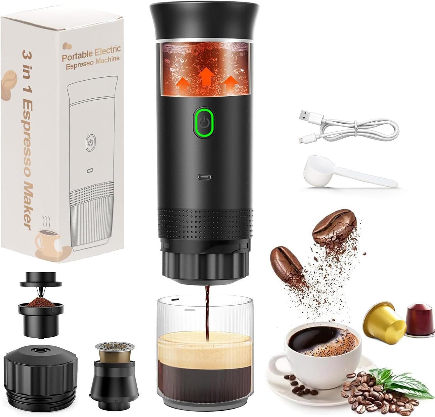 Portable Espresso Maker,Portable Electric Espresso Machine, 20 Bar Mini Travel Coffee Maker, 3In1Car Coffee Maker Self-Heating with USB-C, with Ground Coffee & Capsule(Ns&Dg) for RV, Camping, Office