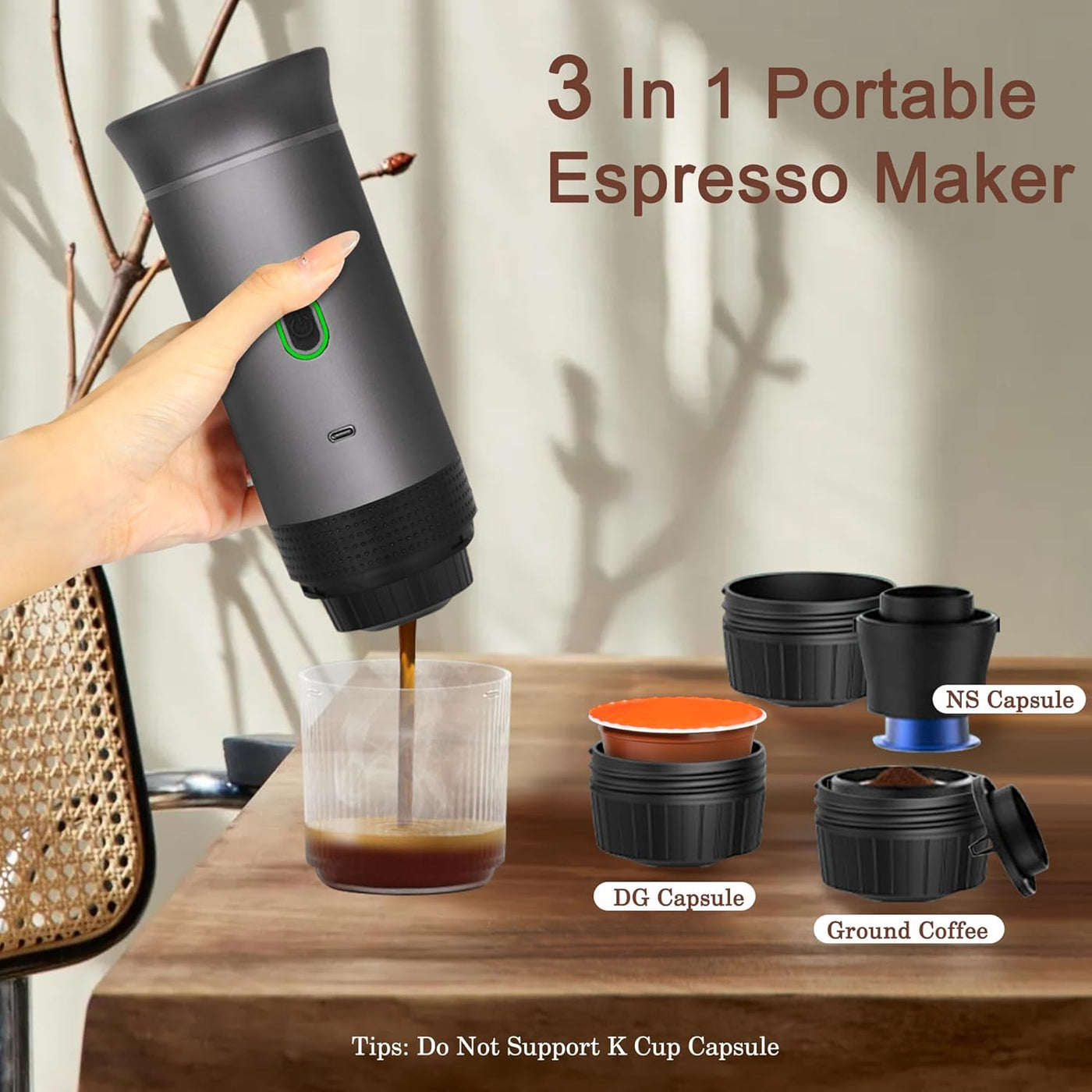 Portable Espresso Machine, Mini Espresso Maker, Self Heating Coffee Maker Compatible Ground Coffee, NS and DG Capsule,For Camping Hiking RV Outdoor Travel Grey