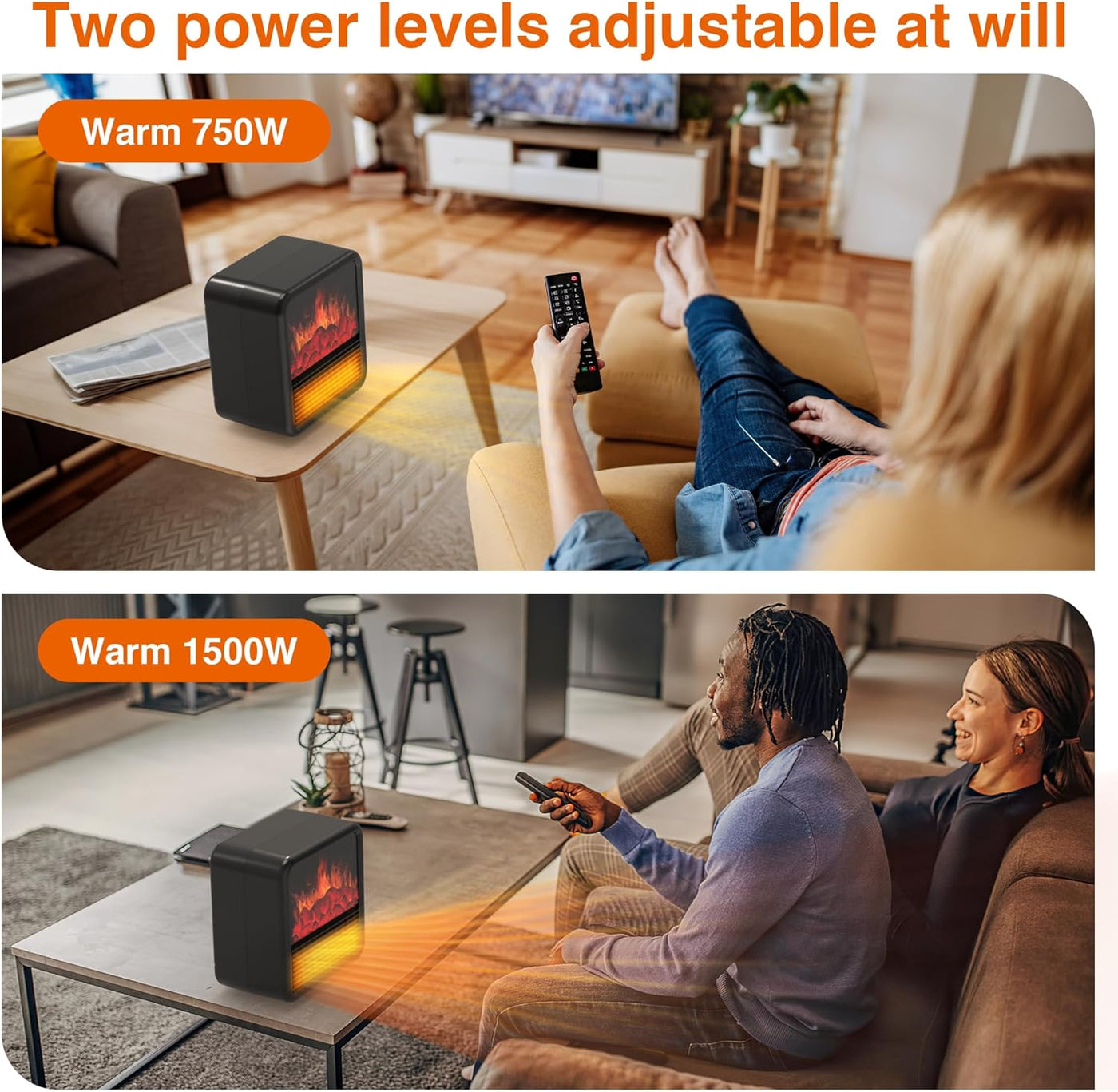 Small Portable Space Heater for Indoor Use with Realistic 3D Flame, Mini Electric Fireplace Heater with Thermostat, 1500W/750W PTC Ceramic Heating, Tip-Over Safety Switch, Black