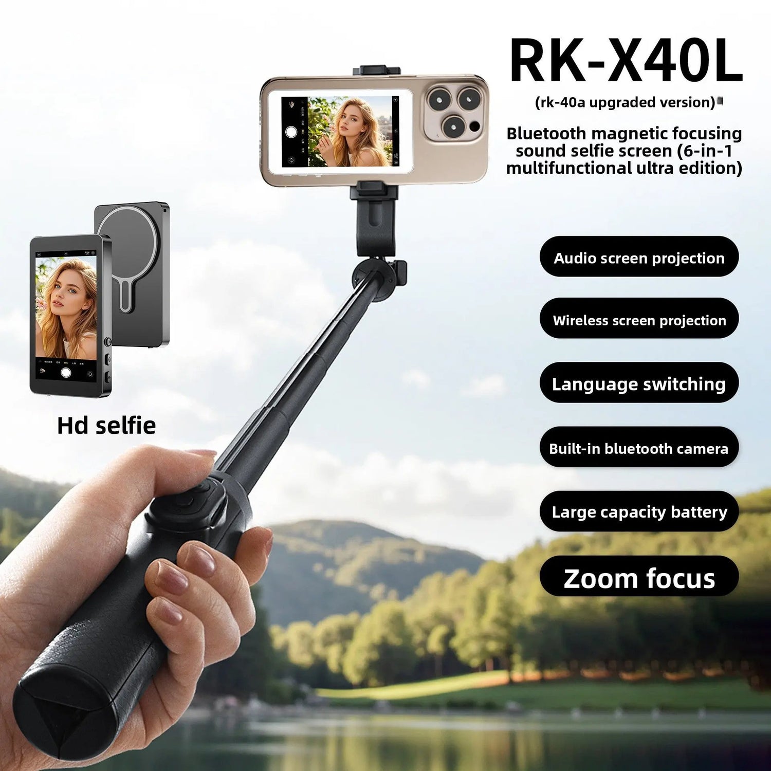 Magnetic Wireless Phone Selfie Screen Mirror 4-inch HD Display with Zoom Audio Adjustable Focus for Android iOS Devices Type-C Interface Magnetic Mount - Smartphone Top Shelf Find