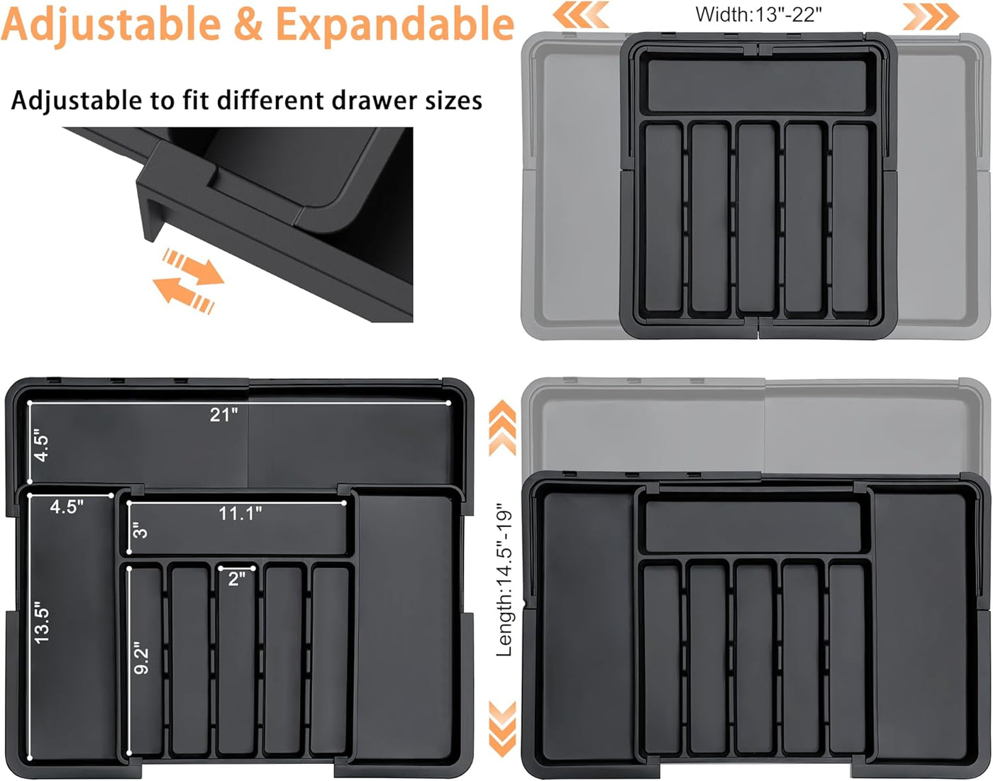 Silverware Organizer Expandable Kitchen Utensil Drawer Organizer with 9 Compartment Large Cutlery Organizer Tray for Forks Knives Adjustable Plastic Flatware Holder Storage Divider Black