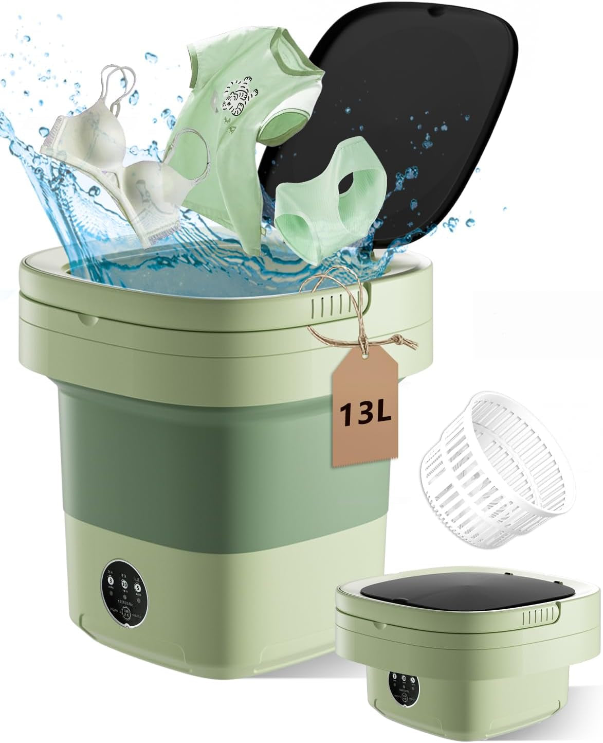 Portable Washing Machine, Mini Washer 13L Upgraded Capacity with 3 Modes Deep Cleaning for Underwear, Shirt, Baby Clothes, Small Items.Foldable Mini Laundry Washer for Apartments,Camping,Travel(Green)