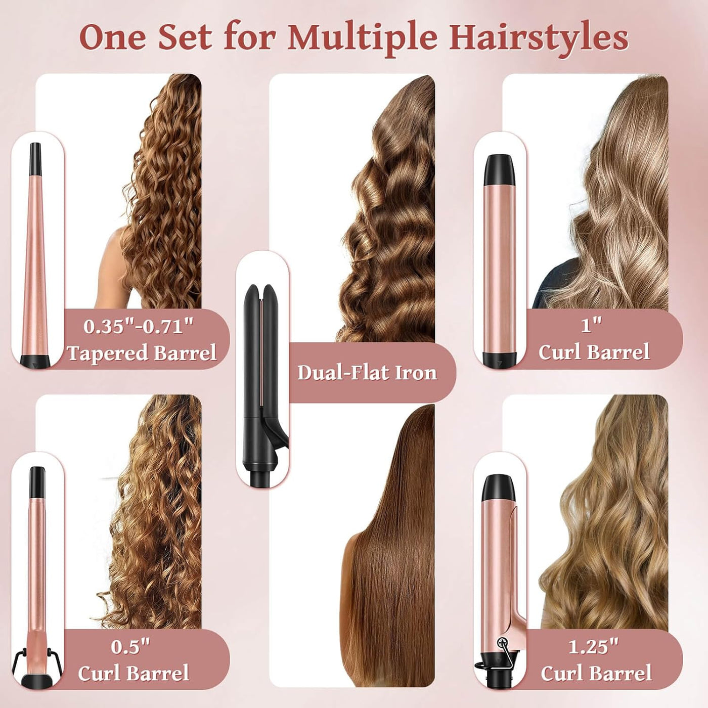 5 in 1 Curling Iron with Interchangeable Ceramic Barrels (0.35"-1.25"), Curling Wand Set with Flat Iron Hair Straightener, Professional Instant Heat Up, Dual Voltage Hair Curler, Women Gifts