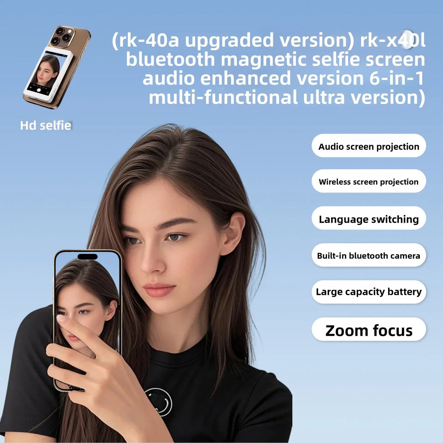 Magnetic Wireless Phone Selfie Screen Mirror 4-inch HD Display with Zoom Audio Adjustable Focus for Android iOS Devices Type-C Interface Magnetic Mount - Smartphone Top Shelf Find