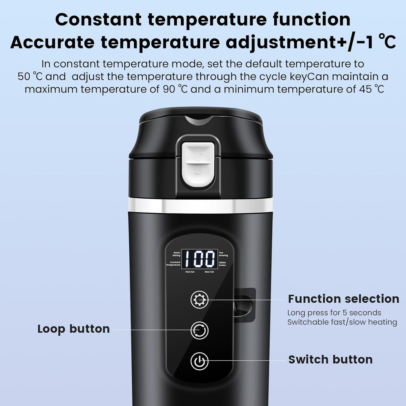 DC 12V/24V Car Travel Electric Kettle, 400Ml Car Heating Mug with Anti-Spill Lid, Leak-Proof, 304 Stainless Steel Liner Portable Coffee Tea Cup up to 100℃ Variable Temp Control Bottle