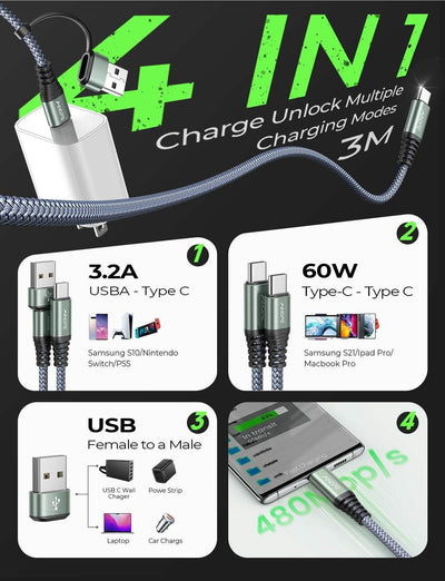 USB C Charger Cable 4-in-1 for iPhone, iPad, Samsung, MacBook - 10ft 