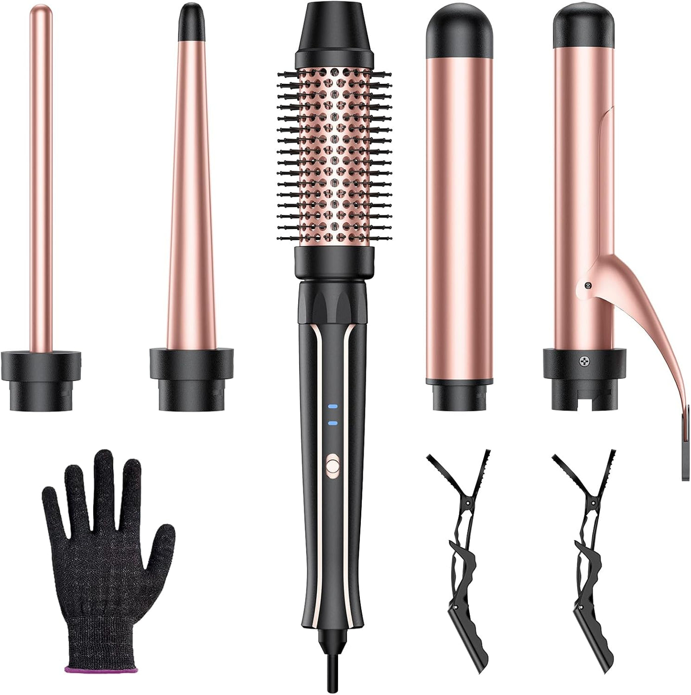 5 in 1 Curling Iron Set-Instant Heat Hair Curling Wand Set with Curling Brush,4 Interchangeable Ceramic Wands (0.35-1.25”) and Heat Protective Glove & 2 Clips for Girls and Women