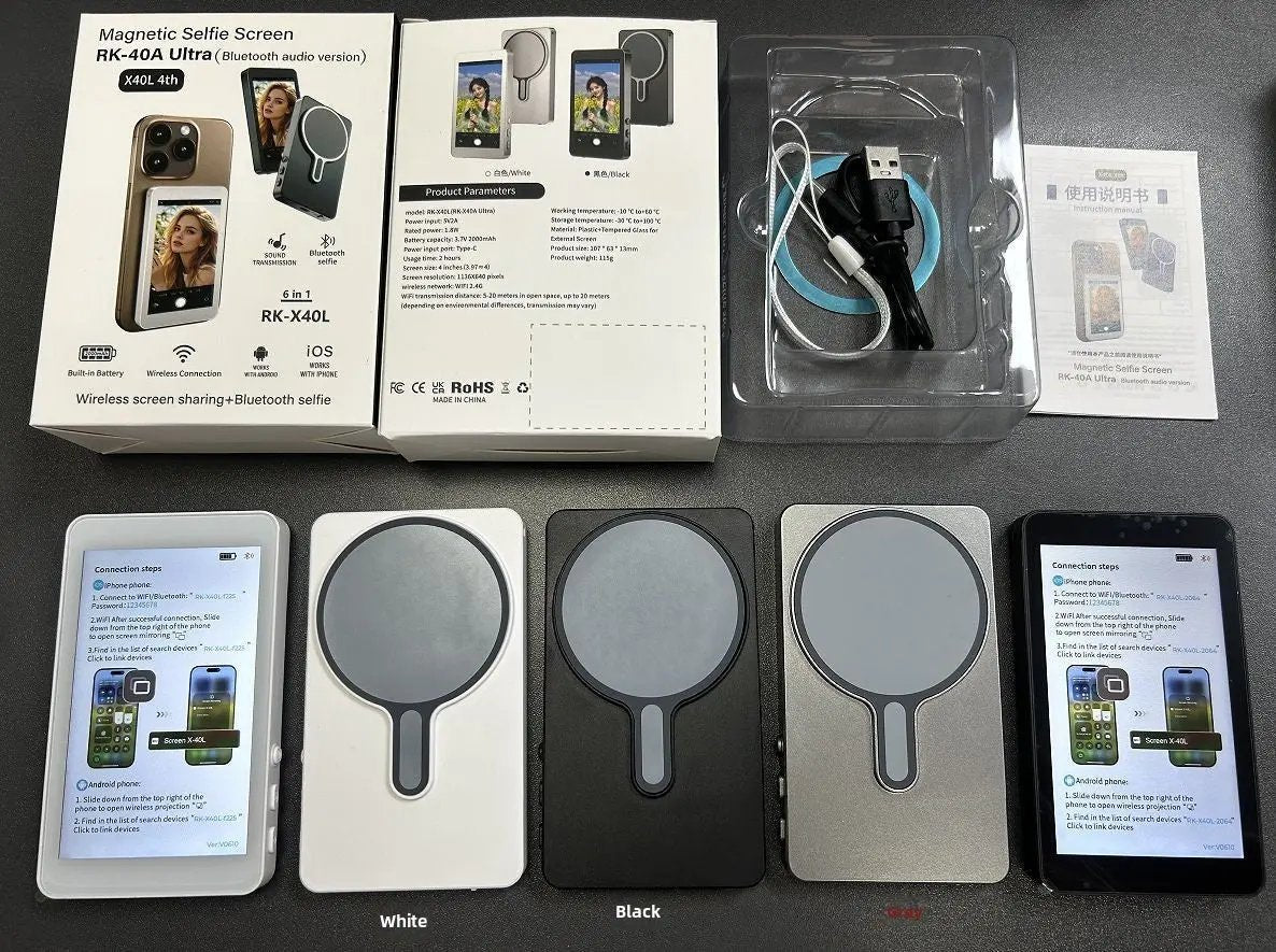 Magnetic Wireless Phone Selfie Screen Mirror 4-inch HD Display with Zoom Audio Adjustable Focus for Android iOS Devices Type-C Interface Magnetic Mount - Smartphone Top Shelf Find