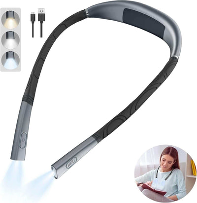 LED Neck Reading Light, Book Light for Reading in Bed, Hands Free Rechargeable 3 Colors & Stepless Dimming, Bendable Arms, Comfortable & Lightweight for Reading,Crafting,Knitting