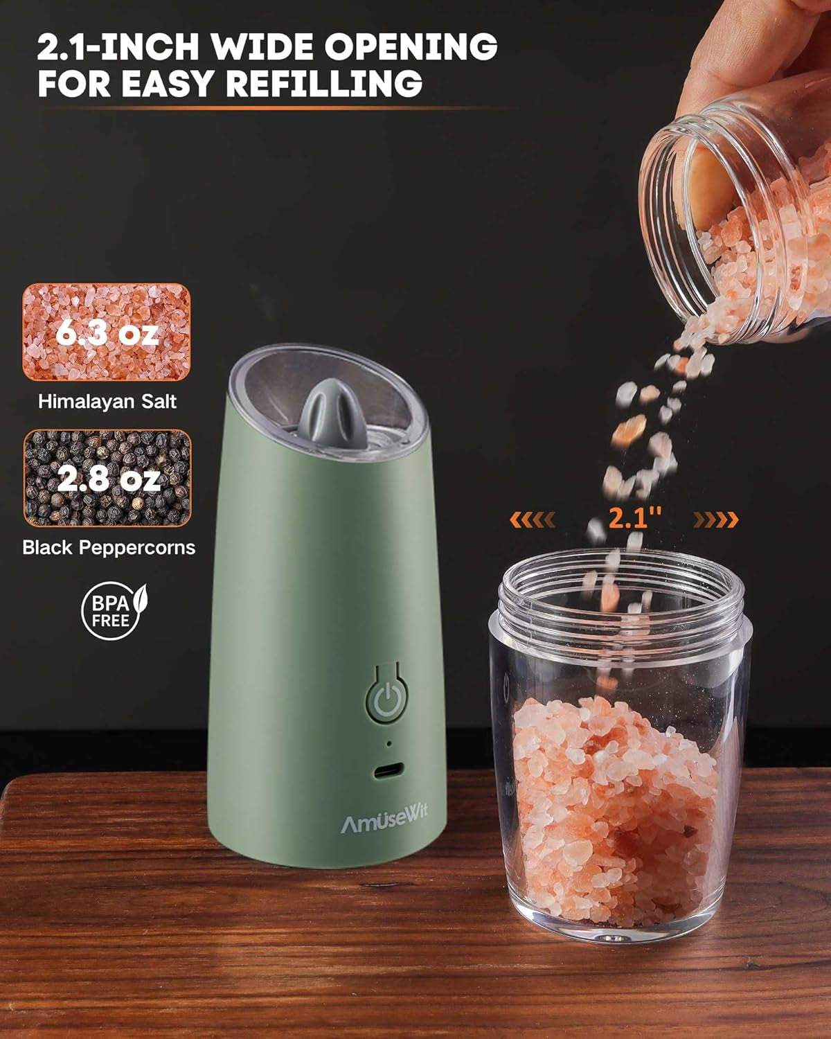 Gravity Electric Salt and Pepper Grinder Set [White Light] USB Rechargeable Automatic Pepper and Salt Mills,Adjustable Coarseness,One-Handed Operation,Sage