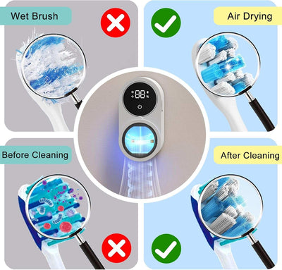 Wall Mounted Toothbrush Holder and Cleaner Smart Light Cleaning and Fan Drying Automatic Rotating Cover Toothbrush Case with Digtal Screen Display Portable Toothbrush Device for Trips (01 White)