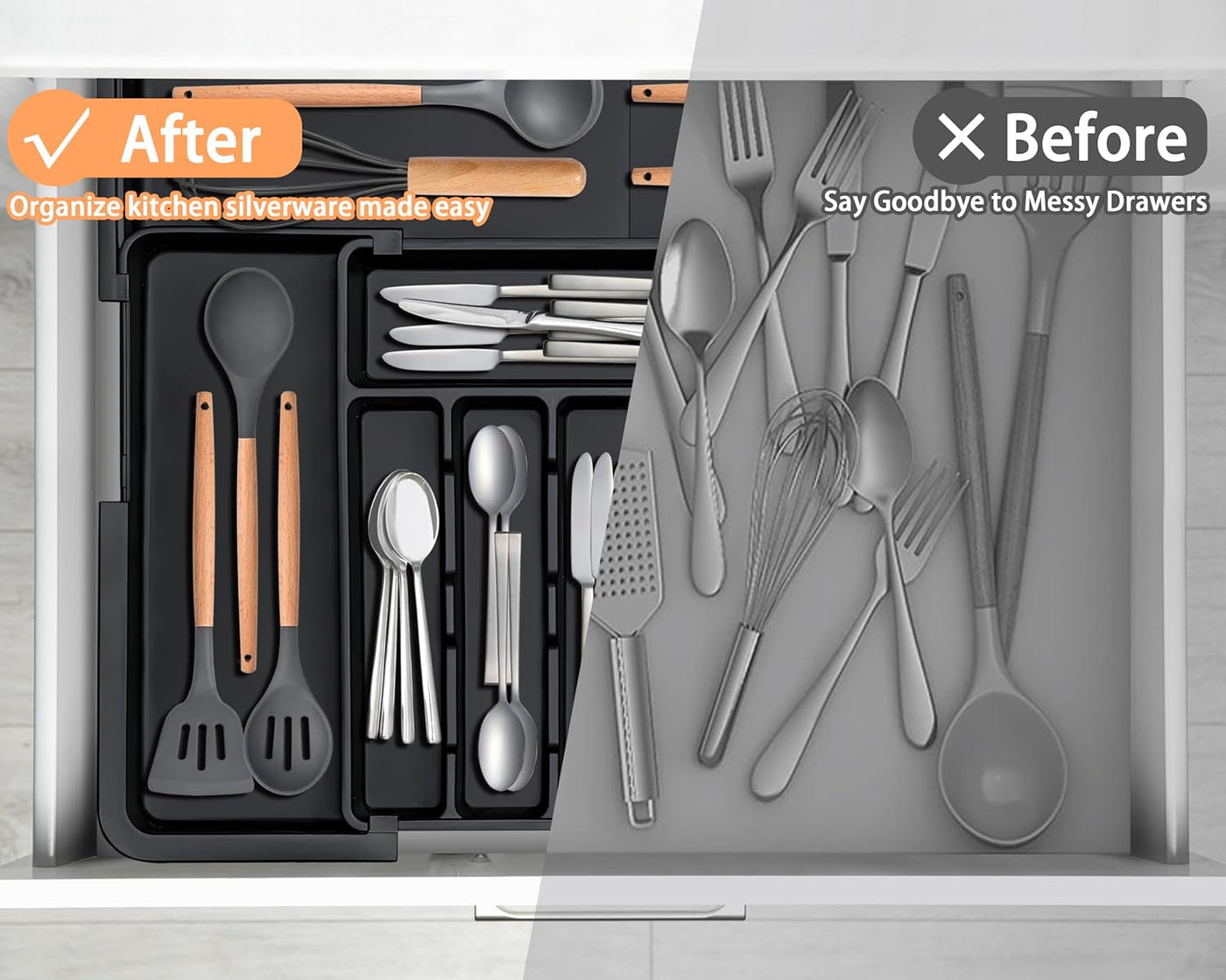 Silverware Organizer Expandable Kitchen Utensil Drawer Organizer with 9 Compartment Large Cutlery Organizer Tray for Forks Knives Adjustable Plastic Flatware Holder Storage Divider Black