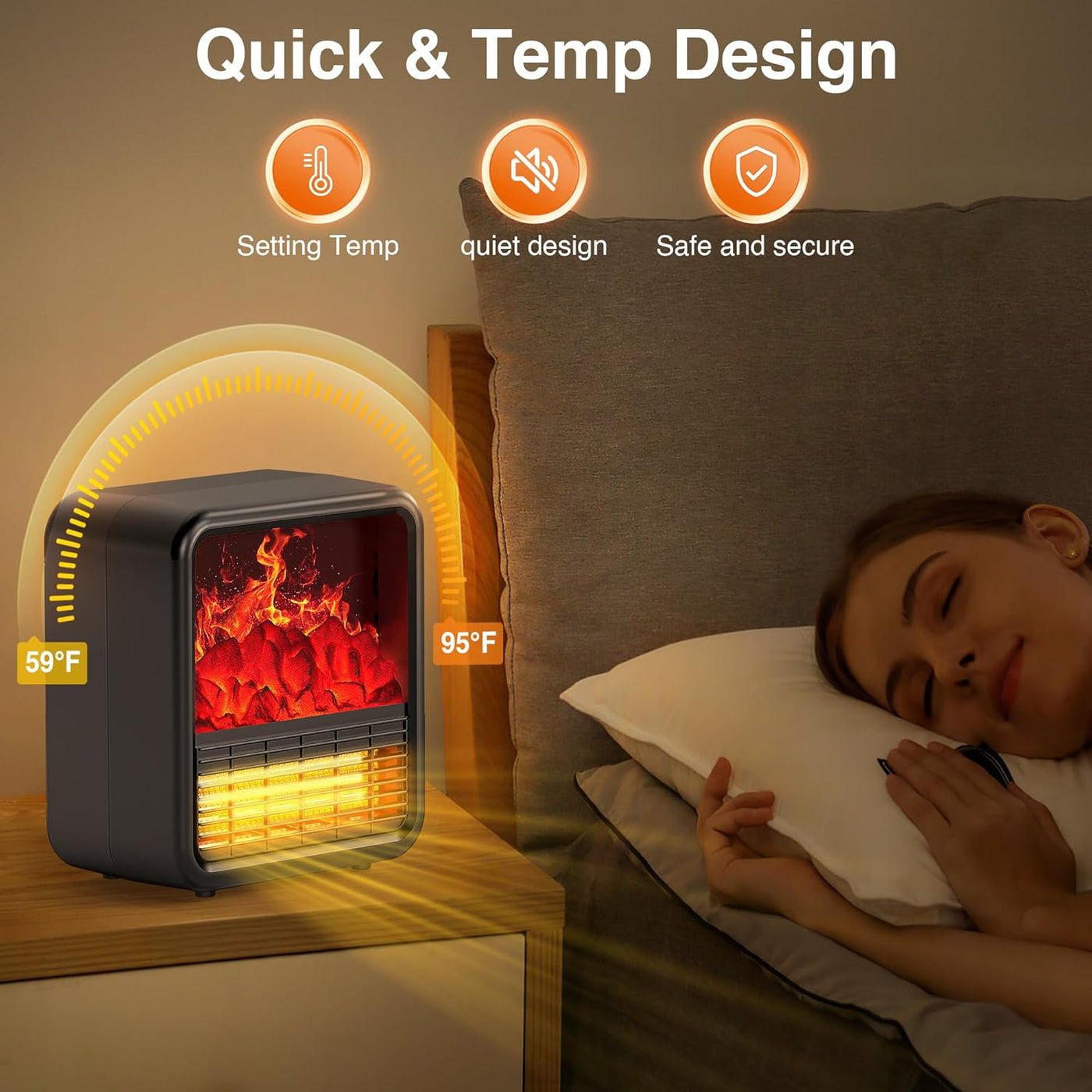 Small Portable Space Heater for Indoor Use with Realistic 3D Flame, Mini Electric Fireplace Heater with Thermostat, 1500W/750W PTC Ceramic Heating, Tip-Over Safety Switch, Black