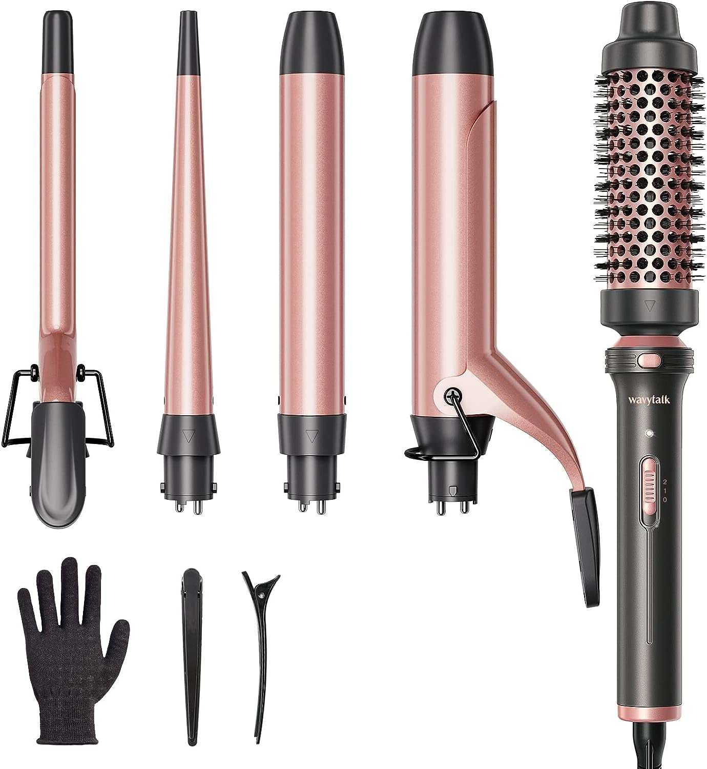 5 in 1 Curling Iron Set with Curling Brush and 4 Interchangeable Ceramic Curling Wand (0.35"-1.25”), Instant Heat Up, Dual Voltage Hair Curler