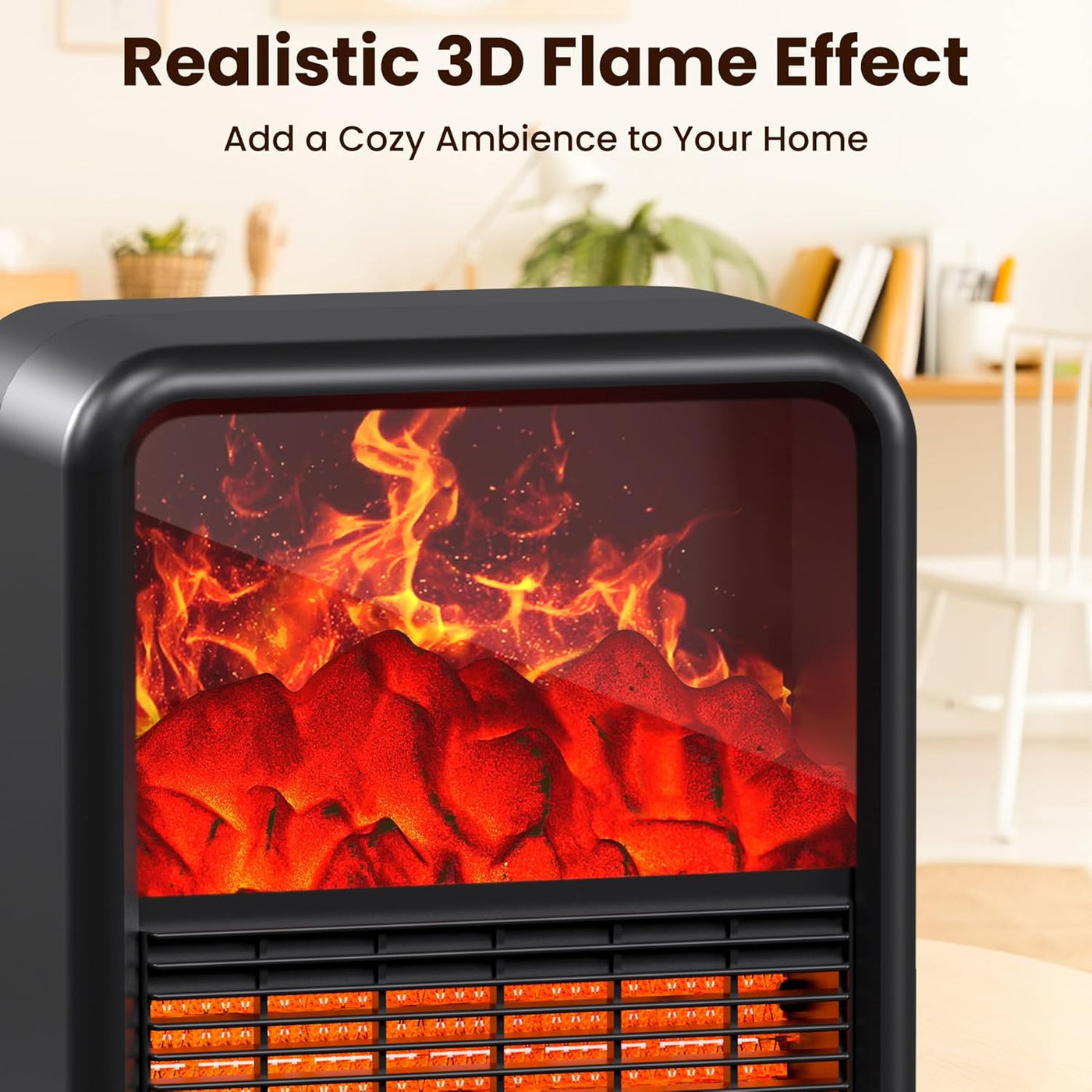 Small Portable Space Heater for Indoor Use with Realistic 3D Flame, Mini Electric Fireplace Heater with Thermostat, 1500W/750W PTC Ceramic Heating, Tip-Over Safety Switch, Black