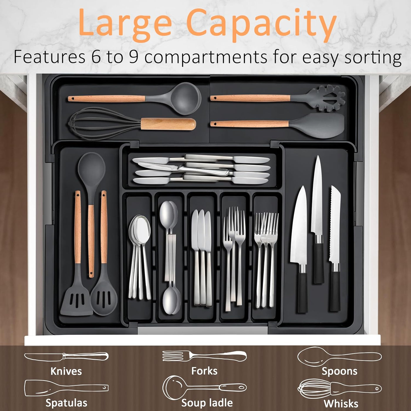 Silverware Organizer Expandable Kitchen Utensil Drawer Organizer with 9 Compartment Large Cutlery Organizer Tray for Forks Knives Adjustable Plastic Flatware Holder Storage Divider Black