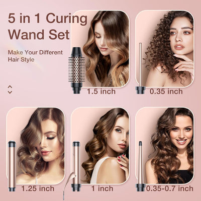 5 in 1 Curling Iron Set-Instant Heat Hair Curling Wand Set with Curling Brush,4 Interchangeable Ceramic Wands (0.35-1.25”) and Heat Protective Glove & 2 Clips for Girls and Women