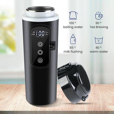 DC 12V/24V Car Travel Electric Kettle, 400Ml Car Heating Mug with Anti-Spill Lid, Leak-Proof, 304 Stainless Steel Liner Portable Coffee Tea Cup up to 100℃ Variable Temp Control Bottle