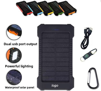 Outdoor solar charging backpack with LED lighting and waterproof mobile power bank