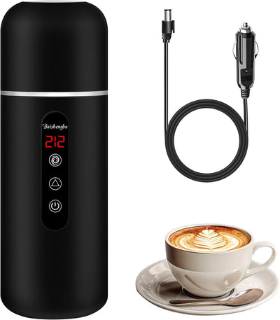 Electric Travel Kettle,12V/24V Car Coffee Warmer Kettle,Portable Hot Water Boiler,Small Hot Water Heater with Built-In Magnetic Induction Stirring and Temperature Adjustable for Tea Coffee Milk