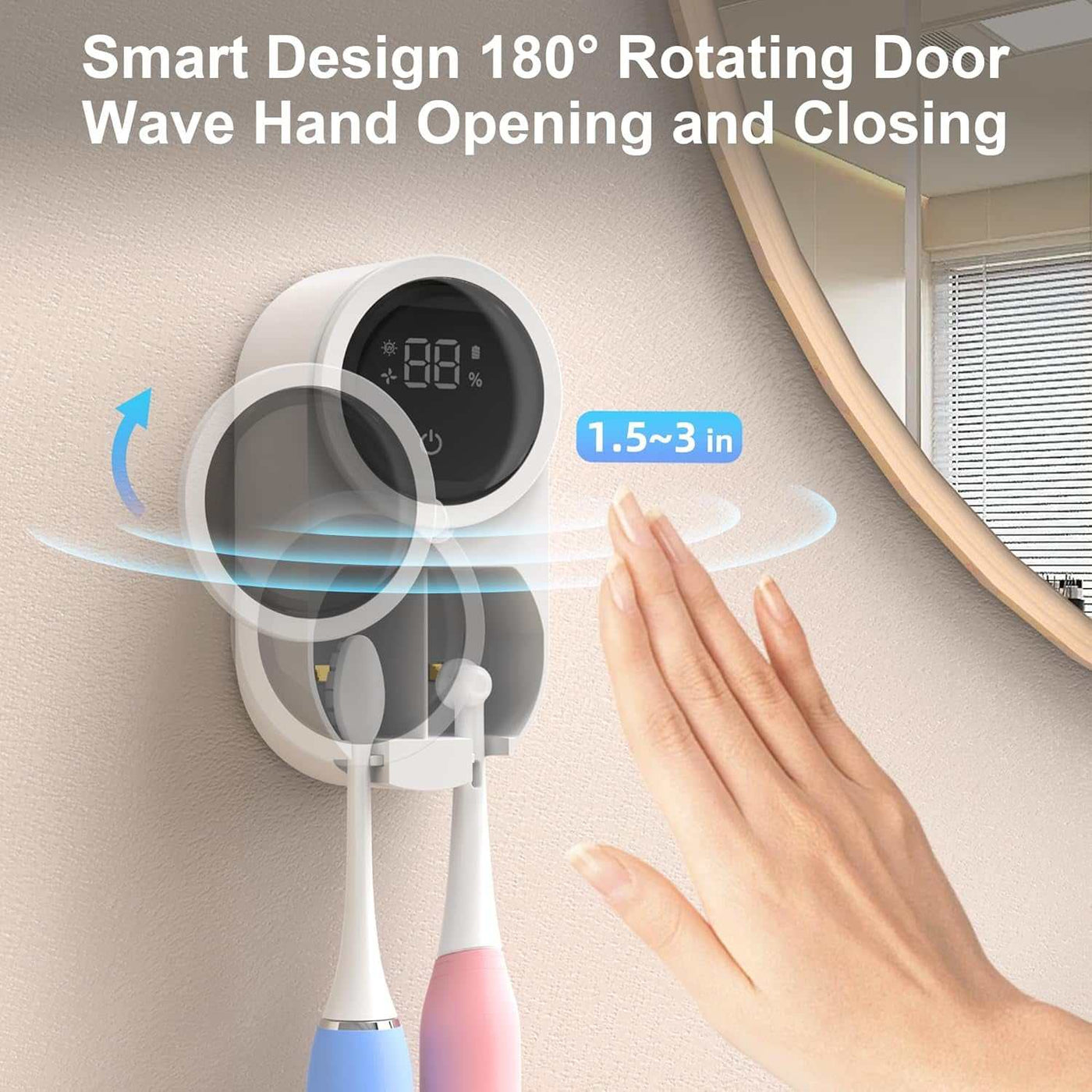 Wall Mounted Toothbrush Holder and Cleaner Smart Light Cleaning and Fan Drying Automatic Rotating Cover Toothbrush Case with Digtal Screen Display Portable Toothbrush Device for Trips (01 White)