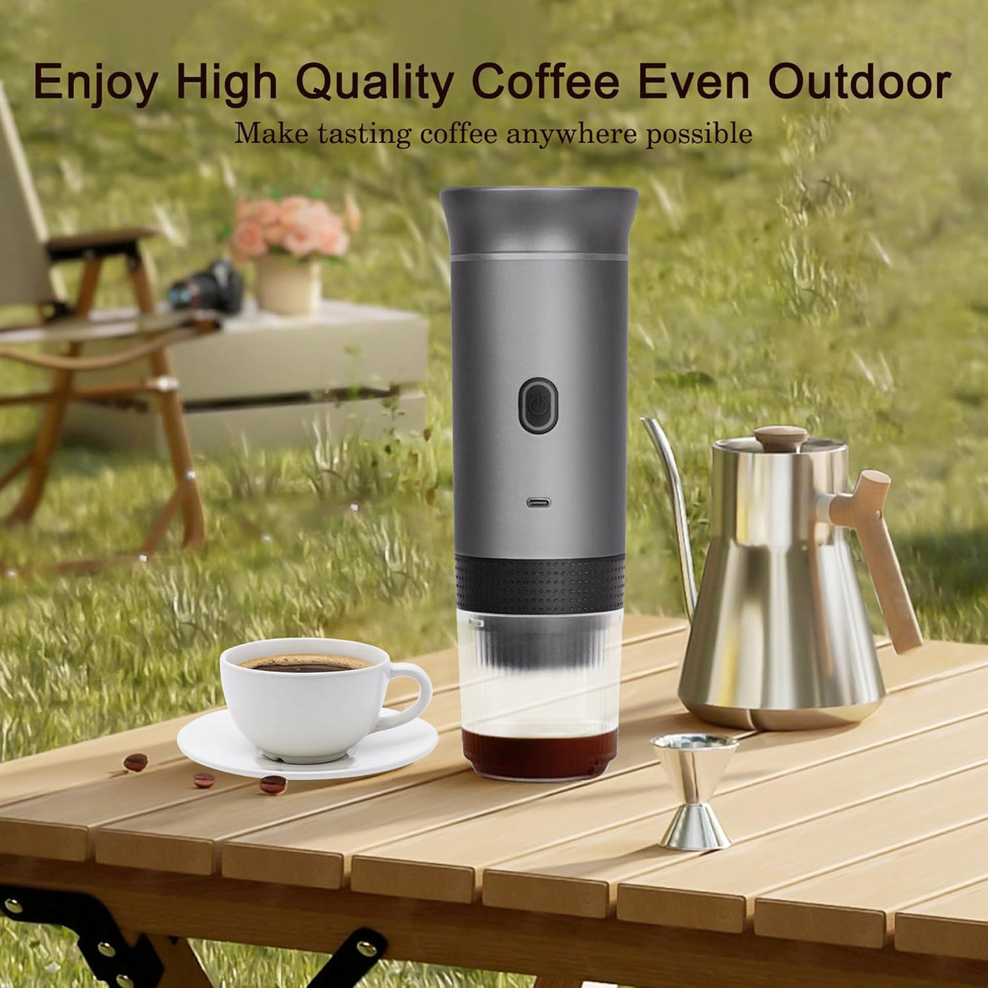 Portable Espresso Machine, Mini Espresso Maker, Self Heating Coffee Maker Compatible Ground Coffee, NS and DG Capsule,For Camping Hiking RV Outdoor Travel Grey