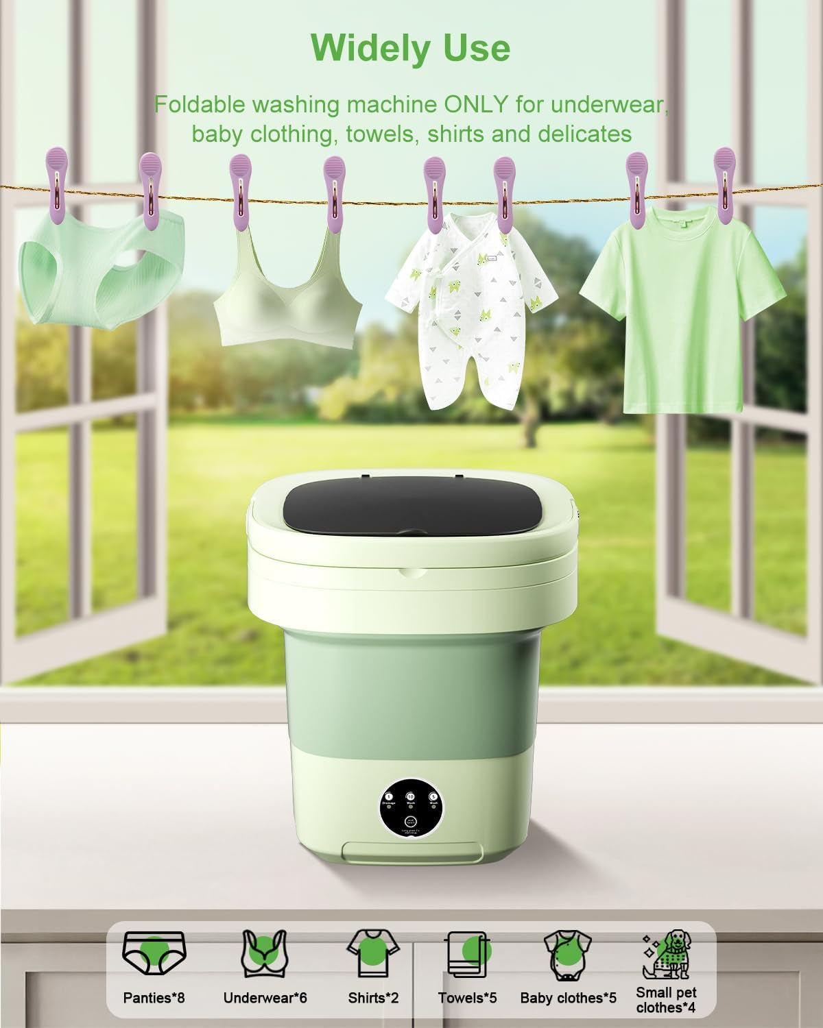 Portable Washing Machine, Mini Washer 13L Upgraded Capacity with 3 Modes Deep Cleaning for Underwear, Shirt, Baby Clothes, Small Items.Foldable Mini Laundry Washer for Apartments,Camping,Travel(Green)