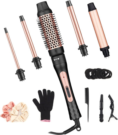 5 in 1 Curling Wand Set, Curling Iron with Curling Brush and 4 Interchangeable Ceramic Curling Wand(0.35”-1.25”), Fast Heating, Include Heat Protective Glove & 2 Clips