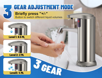 Automatic Soap Dispenser, 8.8Oz Touchless Hand Free Soap Dispenser with 3 Adjustable Levels Control, Equipped with Infrared Motion Sensor Smart for Bathroom Kitchen School Hotel