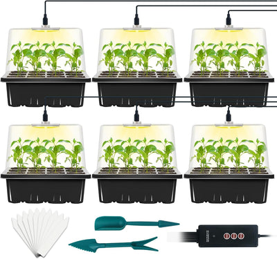 6-Set Seed Starter Tray with Grow Light, Seed Starting Trays Kits with Timing Controller Adjustable Humidity Domes Heightened Lids(12-Cells per Tray)