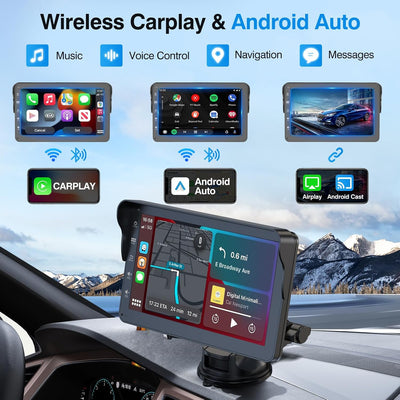 Portable Wireless Apple Carplay and Android Auto Car Stereo with Voice Control,7" Touch Screen Double Din Stereo with Bluetooth, Multimedia Player, Car Audio with Backup Camera Car Play for All Cars