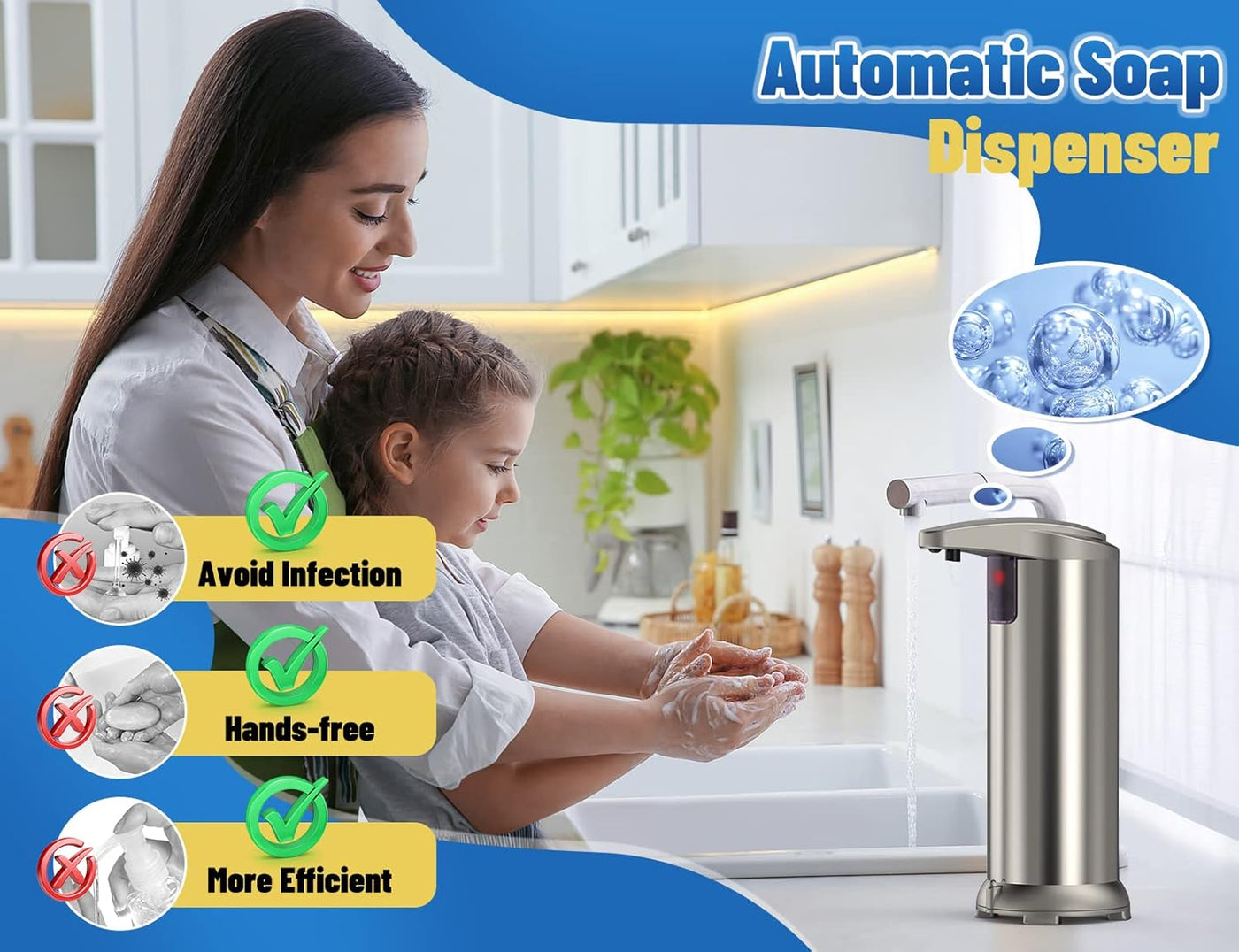 Automatic Soap Dispenser, 8.8Oz Touchless Hand Free Soap Dispenser with 3 Adjustable Levels Control, Equipped with Infrared Motion Sensor Smart for Bathroom Kitchen School Hotel