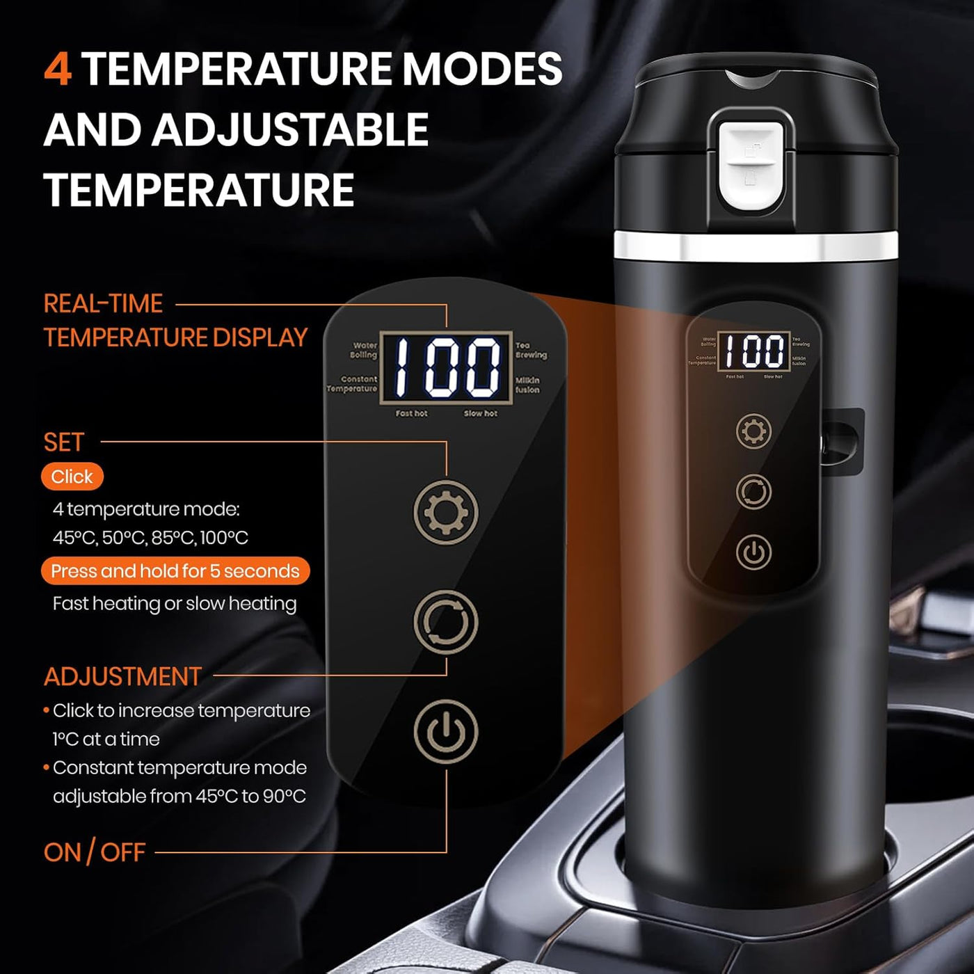 Electric Car Kettle 12V/24V Portable Mini Water Boiler Heated Travel Mug for Car, Smart Multiple Temperature Adjustable Coffee Tea Truck Cup (430 ML)