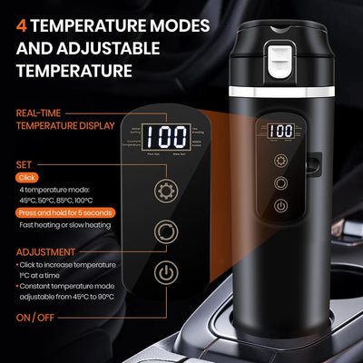 Electric Car Kettle 12V/24V Portable Mini Water Boiler Heated Travel Mug for Car, Smart Multiple Temperature Adjustable Coffee Tea Truck Cup (430 ML)