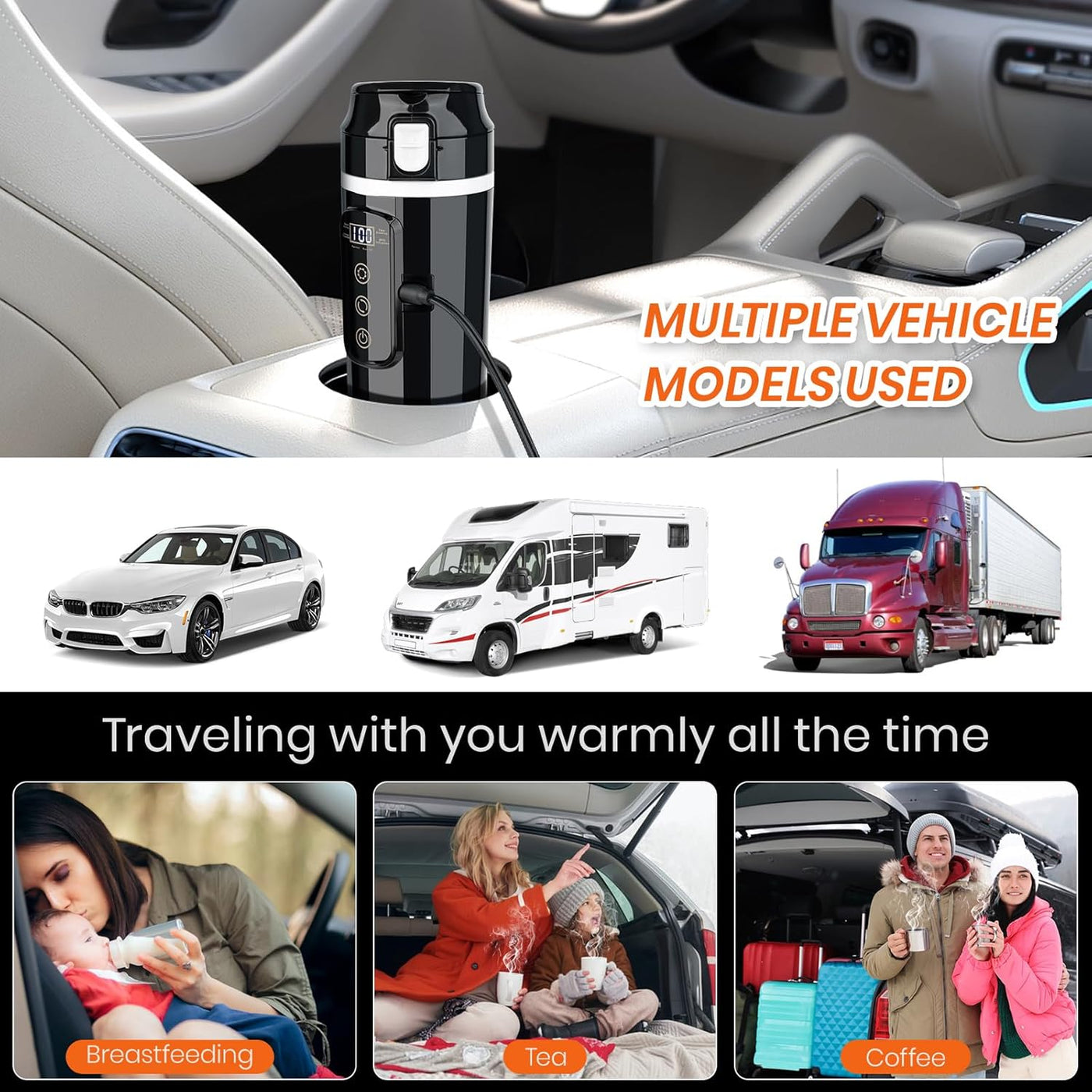 Electric Car Kettle 12V/24V Portable Mini Water Boiler Heated Travel Mug for Car, Smart Multiple Temperature Adjustable Coffee Tea Truck Cup (430 ML)