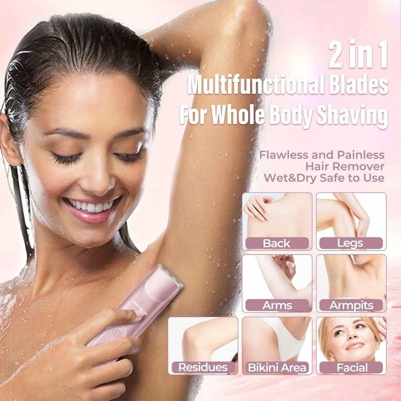 2 in 1 Women Electric Shaver Dual Head Bikini Trimmer for Women IPX7 Waterproof Wet & Dry Use Body Hair Trimmer and Facial Hair Remover for Bikini Underarm Leg Arm Body Face, Pink