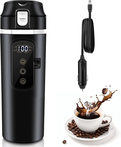 Electric Car Kettle 12V/24V Portable Mini Water Boiler Heated Travel Mug for Car, Smart Multiple Temperature Adjustable Coffee Tea Truck Cup (430 ML)