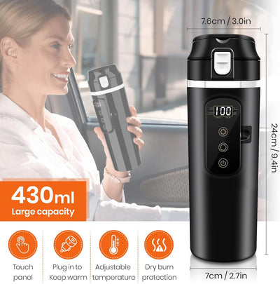 Electric Car Kettle 12V/24V Portable Mini Water Boiler Heated Travel Mug for Car, Smart Multiple Temperature Adjustable Coffee Tea Truck Cup (430 ML)