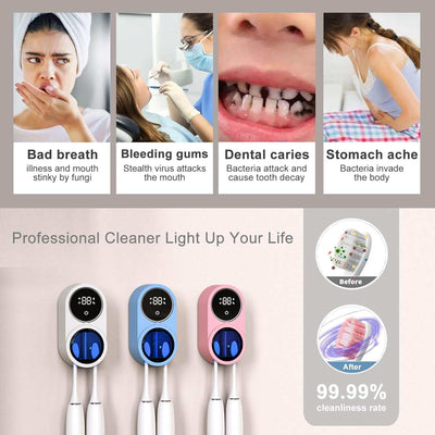 Wall Mounted Toothbrush Holder and Cleaner Smart Light Cleaning and Fan Drying Automatic Rotating Cover Toothbrush Case with Digtal Screen Display Portable Toothbrush Device for Trips (01 White)