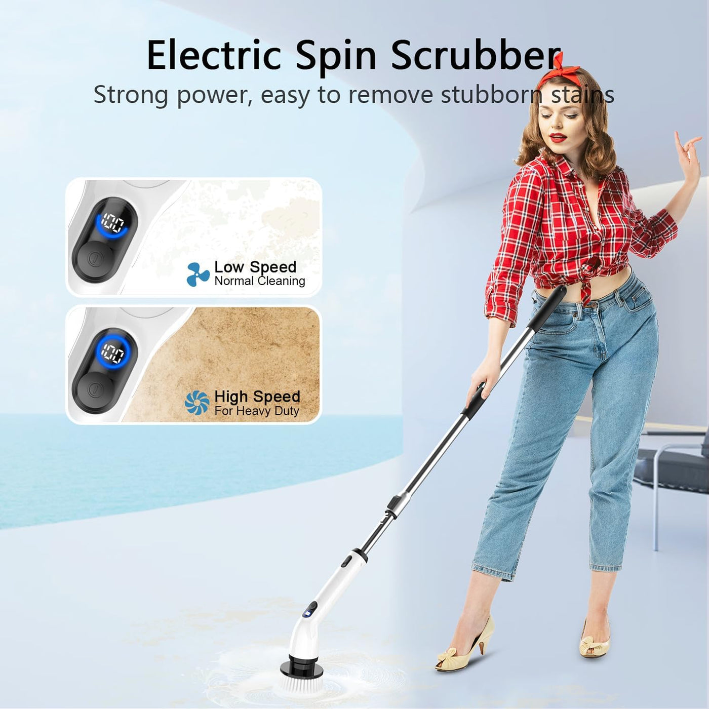 Electric Spin Scrubber, 2024 New Full-Body IPX7 Waterproof Bathroom Scrubber with Power LCD Display, Adjustable Extension Handle, Cordless Electric Cleaning Brush for Bathroom, Kitchen Cleaning