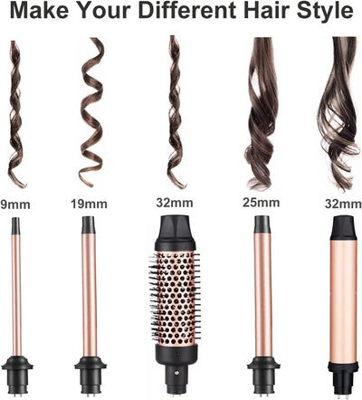 5 in 1 Curling Wand Set, Curling Iron with Curling Brush and 4 Interchangeable Ceramic Curling Wand(0.35”-1.25”), Fast Heating, Include Heat Protective Glove & 2 Clips